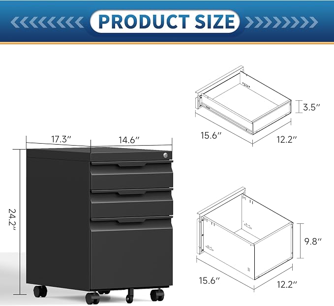 Locking File Cabinet 3 Drawers on Wheels Under Desk, Metal Filing Cabinets for Home Office, A4, Letter-Size Files, Hanging File Folders-Black