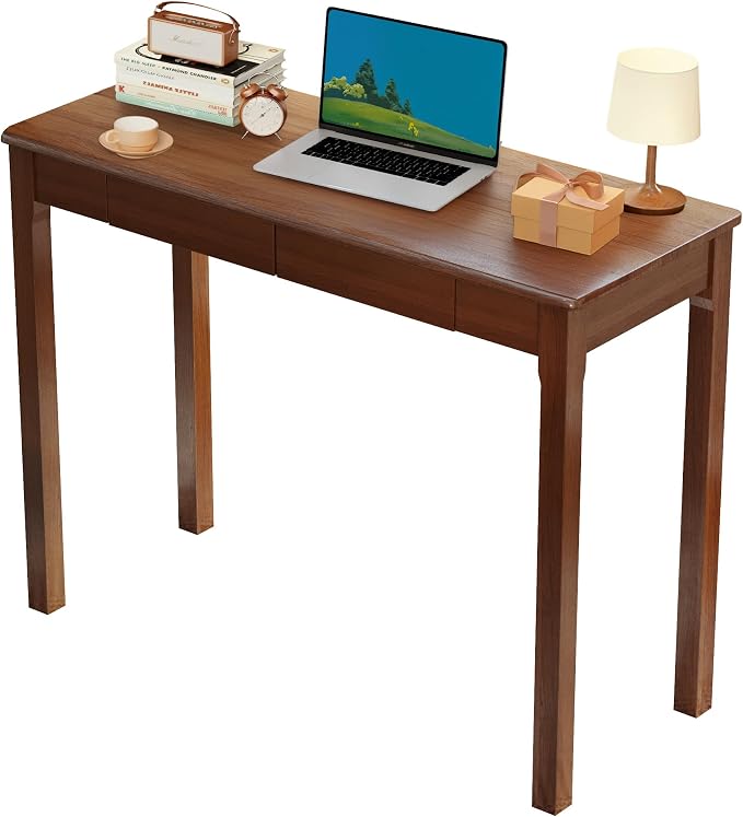 Solid Wood Desk with Drawers - 39" Narrow Desks, Small Wooden Writing Desk for Bedroom, Mid Century Modern Vintage Computer Desks, Study Table for Home Office, Walnut