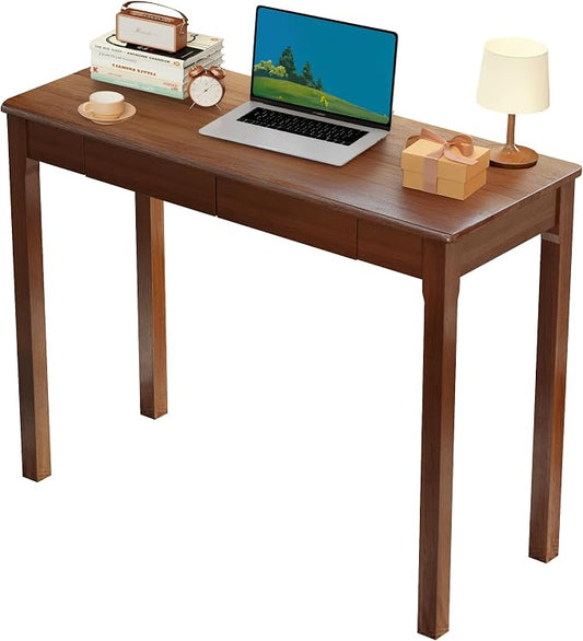Solid Wood Desk with Drawers - 39" Narrow Desks, Small Wooden Writing Desk for Bedroom, Mid Century Modern Vintage Computer Desks, Study Table for Home Office, Walnut