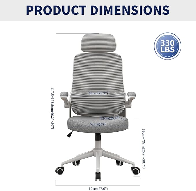 Ergonomic Office Chair - Desk Chair with Adjustable Headrest Lumbar Support Computer Chair - Mesh Comfy Chair with Flip-up Armrests - Gaming Chairs for Adults Home Office (White+Gray)