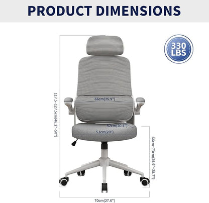 Ergonomic Office Chair - Desk Chair with Adjustable Headrest Lumbar Support Computer Chair - Mesh Comfy Chair with Flip-up Armrests - Gaming Chairs for Adults Home Office (White+Gray)