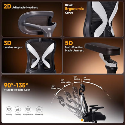 amseatec Ergonomic Mesh Office Chair with 5D Flip-Up Arms & 3D Lumbar Support, 2D Headrest, 4-Position Recline Lock, High Back Desk Chair 350lbs, Breathable Computer Chair for Home Office-Black