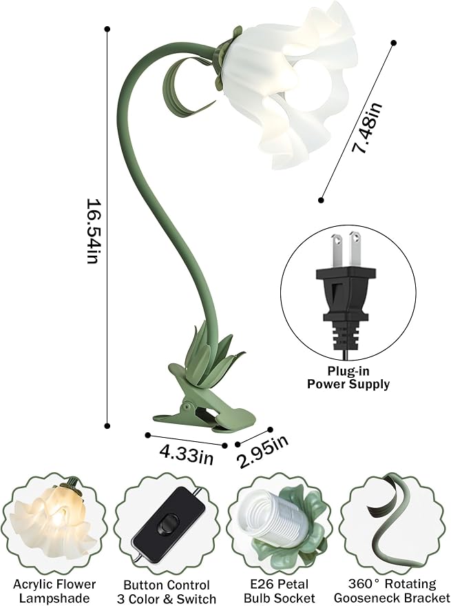 Clip on Light Flower Desk Lamp, LED Reading Light 3 Color Modes Eye-Caring Book Light Flexible Gooseneck Bedside Clip on Lamp for Desk Piano Office Bed Headboard Dorm (Green Lamp)