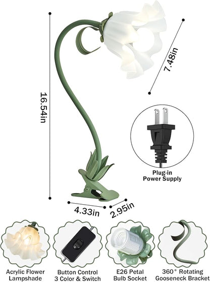 Clip on Light Flower Desk Lamp, LED Reading Light 3 Color Modes Eye-Caring Book Light Flexible Gooseneck Bedside Clip on Lamp for Desk Piano Office Bed Headboard Dorm (Green Lamp)