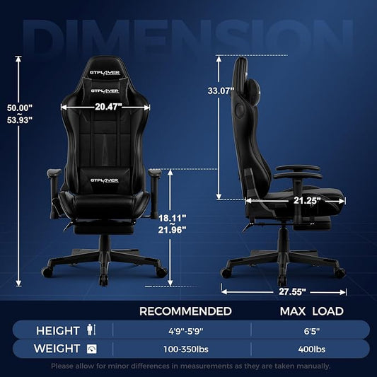 GTPLAYER Gaming Chair with Speakers, Video Game Chairs with Footrest for Adults, Ergonomic Computer PC Gamer Reclining Chair(Dark-Black)