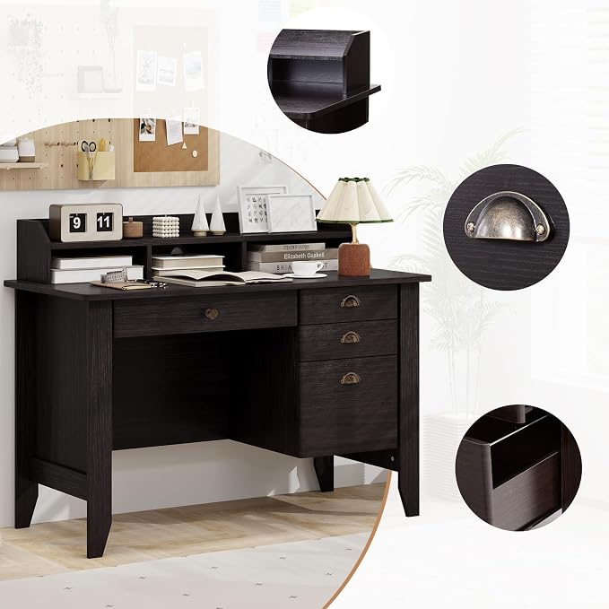 48" Computer Desk with 4 Storage Drawers and Hutch Wood Executive Table for PC Laptop