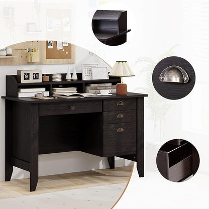 48" Computer Desk with 4 Storage Drawers and Hutch Wood Executive Table for PC Laptop