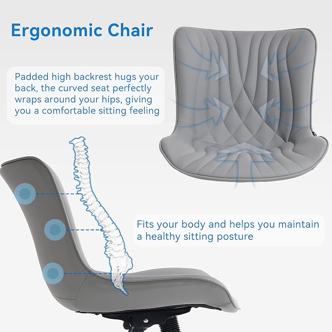 YOUNIKE Office Chair, Armless Desk Chair with Wheels, Adjustable Swivel Rolling Home Office Computer Task Chairs, Modern Faux Leather Upholstered Vanity Chair, Grey