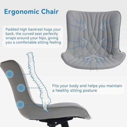 YOUNIKE Office Chair, Armless Desk Chair with Wheels, Adjustable Swivel Rolling Home Office Computer Task Chairs, Modern Faux Leather Upholstered Vanity Chair, Grey
