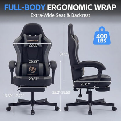Desk Computer Gaming Chair - High Back Ergonomic Office Chair with Footrest and Lumbar Support, Swivel Comfy Home Gamer Video Game Chairs with Pocket Spring Cushion for Adults (Grey Leather)