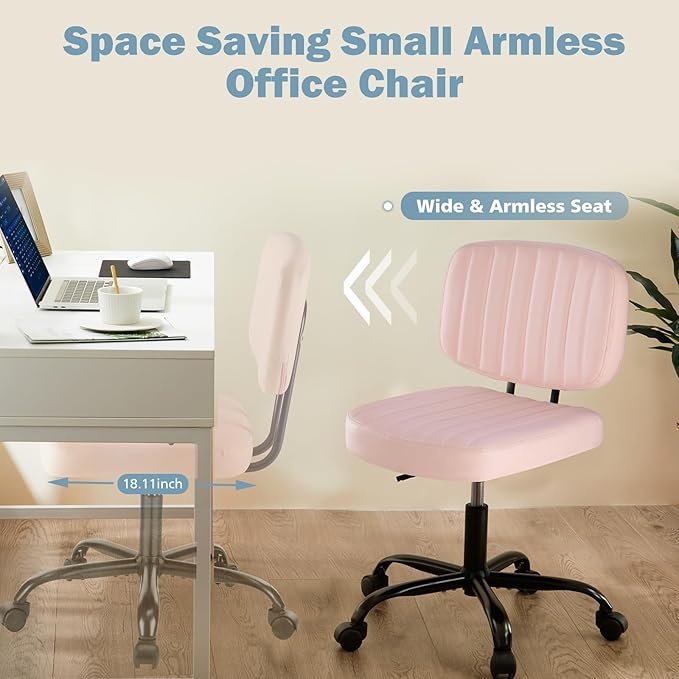 DUMOS Armless Home Office Chair: Small Desk Chair with Low Back Lumbar Support, Height Adjustable PU Leather Computer Task with 360° Swivel Wheels, for Adults, Pink