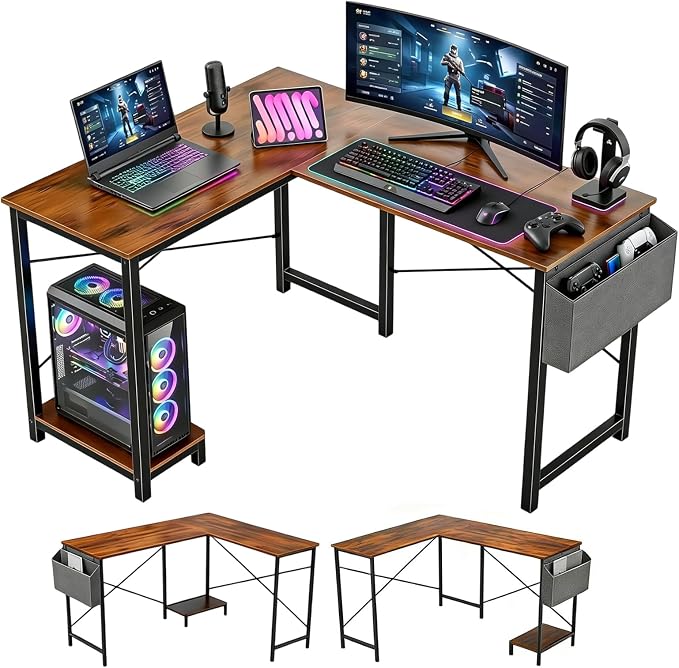 L-Shaped Corner Home Office Computer Desk, Gaming Desk with CPU Stand Shelf and Hanging Storage Pocket, Student Study Writing Table, Sturdy Metal Frame, 43.3" D x 50" W, Rustic Brown