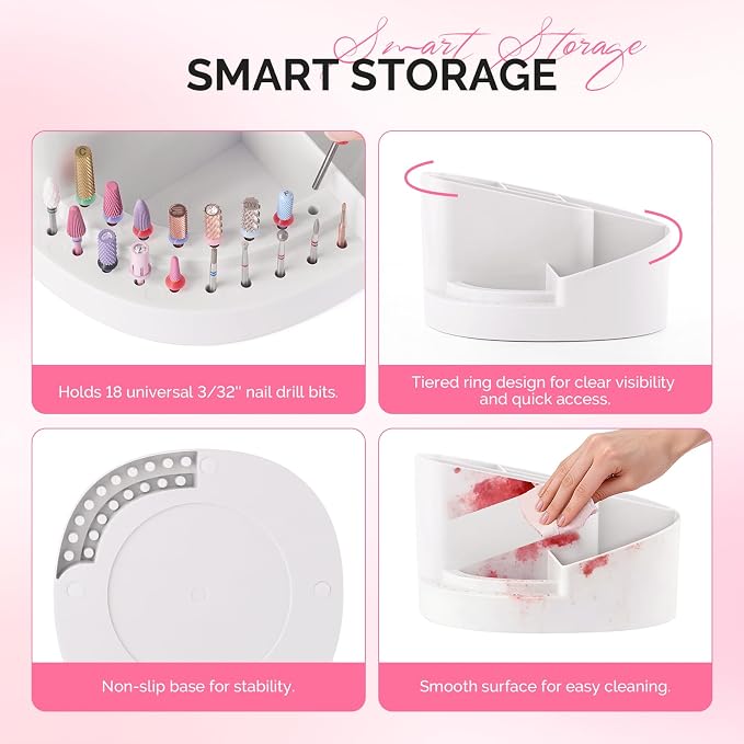 MelodySusie Nail Drill Holder and Nail Art Tools Storage Box, Large Capacity Sturdy Desk Organizer for 3/32" Nail Drill Bits, Nail Tech Supplies Container for Acrylic Salon & Home, White