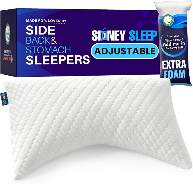 Sidney Sleep Adjustable Bed Pillow for Neck and Shoulder Support with Extra Shredded Fill - Cervical Contour Pillow for Side and Back Sleepers. Standard Size 19" x 26" CertiPUR-US Certified (White)