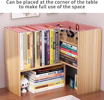 Desktop Shelf Organizer, Adjustable Wood Office Storage Rack, Counter Display Small Bookshelf for Home/Office/School(Light Walnut)