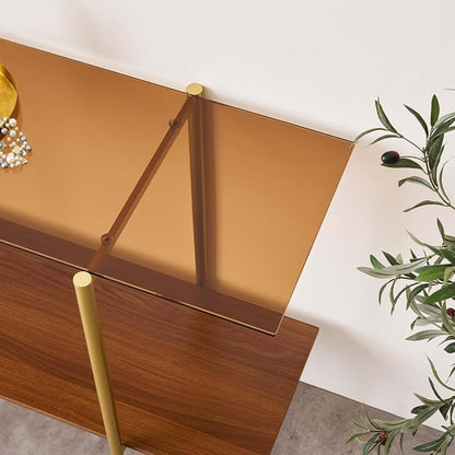 LumFurn Extra Large Glass Console Table for Living Room, Foyer & Entrance, L47 x W16 x H31, Mid-Century Modern Sofa Table with Amber Glass Top, Walnut Finish Wood Top and Gold Finish Metal Frame