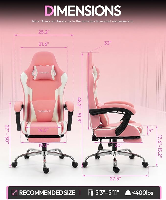 Dowinx Ergonomic Gaming Chair with Footrest & Massage Lumbar, 2D-Linkage Armrests for Computer Chair 330lbs with Headrest Pillow for Office, Home, Streaming and Long Gaming Sessions, Fabric Pink White