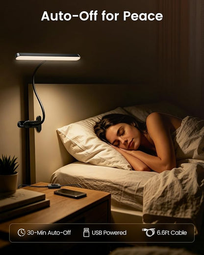 Glocusent 7W Horizontal Clip on Light, 57 LED Eye Caring Reading Light, 5 Brightness & 3 Colors with Amber Mode for Bedside Reading, 2.75" Clamp & 30Min Timer, USB Powered Clip on Lamp for Work, Craft