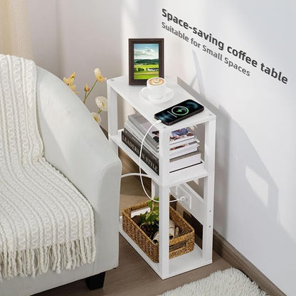 YUFAM 3-Tier Small Narrow Wood Side Table Set of 2 with Charging Station - Skinny Nightstand for Small Spaces, Slim Bedside Table with USB Ports and Outlets - Thin End Table with Storage, White