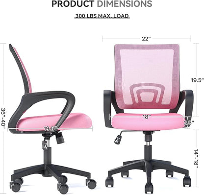 Office Chair, Ergonomic Mid-Back Mesh Desk Chair, 6 Pack, Pink | Lumbar Support, Adjustable Height, Rolling Wheels Design, Comfy Armrest, For Work, Study, Gaming