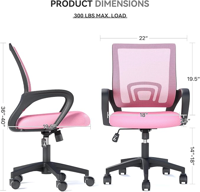 Office Chairs Set of 2, Ergonomic Mesh Desk Chairs with Lumbar Support, Adjustable Height Swivel Rolling Wheels for Home and Office Use, Pink