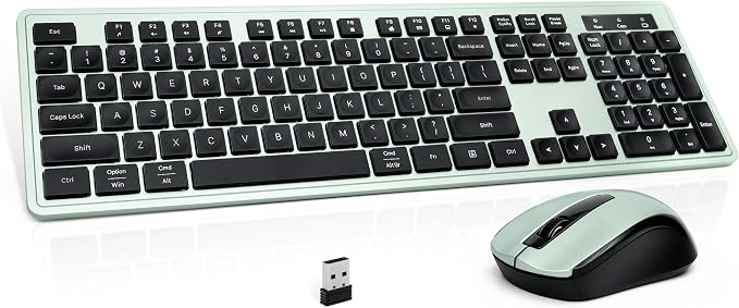 Wireless Keyboard and Mouse, 2.4GHz Cordless Silent Keyboard Mouse Combo, Optical Mouse, Plug and Play USB Receiver, Compatible with Windows, Mac, Laptop, and PC – Ideal for Office Use（Black Green）