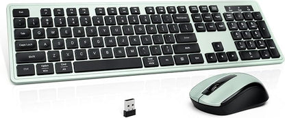 Wireless Keyboard and Mouse, 2.4GHz Cordless Silent Keyboard Mouse Combo, Optical Mouse, Plug and Play USB Receiver, Compatible with Windows, Mac, Laptop, and PC – Ideal for Office Use（Black Green）