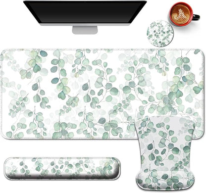 Desk Mat Set + Keyboard and Mouse Pad with Wrist Rest Support,4-in-1 Large Mousepad Computer Mats for Desktop Home & Office -Eucalyptus