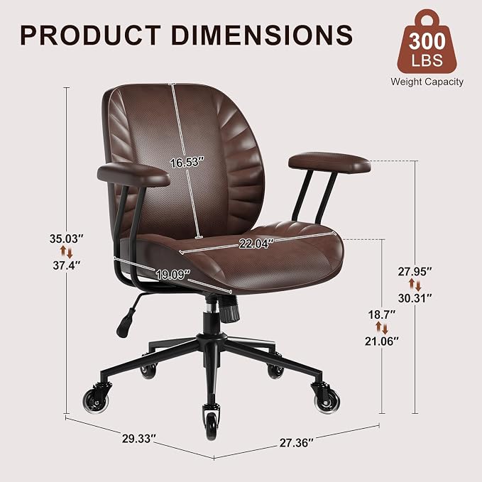BFZ Home Office Desk Chair, Adjustable Comfy Office Chair with Wheels,Leather Office Chair with Removable Armrests, Office Desk Chair with Lumbar Support for Home Office or Workspace, Dark Brown