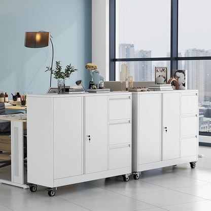 pozdeg Lockable Lateral File Cabinet with Gooseneck Handle, 3 Drawer Mobile Rolling File Cabinet with Wheels, Anti-Rust Sturdy Steel Cabinet for Home Office Workspace Organization (White)
