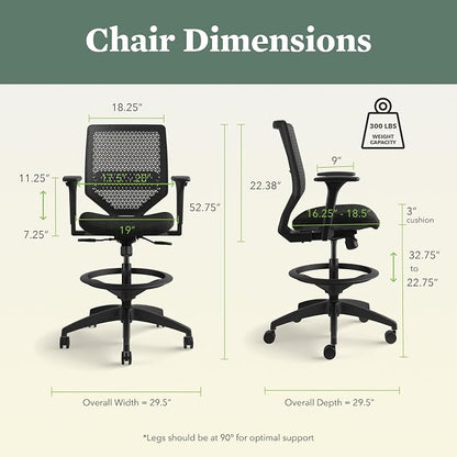 HON Solve Standing Desk Chair with Breathable ReActiv Mesh Back, Adjustable Lumbar Support and Footring, Ergonomic Task Stool with Height Adjustable Arms for Sit‑Stand Workstations, Black
