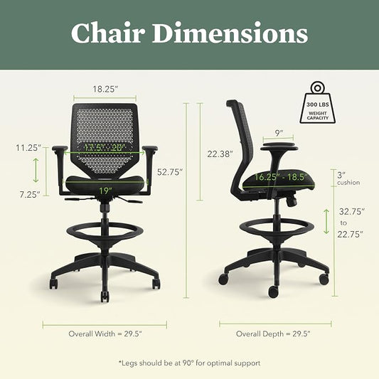 HON Solve Standing Desk Chair with Breathable ReActiv Mesh Back, Adjustable Lumbar Support and Footring, Ergonomic Task Stool with Height Adjustable Arms for Sit‑Stand Workstations, Black