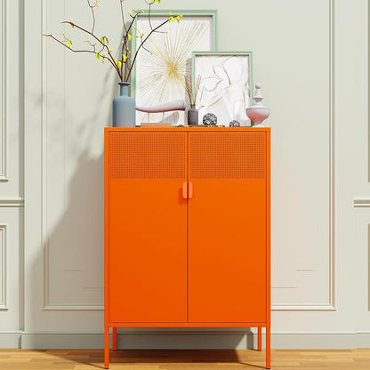 Chshin Metal Storage Cabinet,Kitchen Pantry Storage Cabinet,Metal Sideboard with 2 Doors and 2 Adjustable Shelves,Orange Locker Cabinet for Home,Bathroom,Hallway,Office,Dining Room