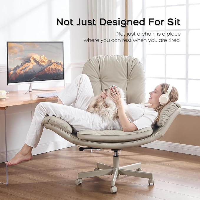 amseatec Criss Cross Office Chair with Armrests & Wheels, Recline 90/135 Lock, 400LBS Big and Tall Executive Office Chair, PU Leather Computer Desk Chair for Home & ADHD（Cream）