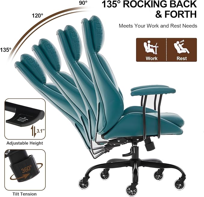 E-Motie Office Chair, Leather Desk Chair with Rubber Wheels, Ergonomic Computer Chair 500 LBS with Lumbar Support, High Back Executive Chair for Modern Home Office, Green