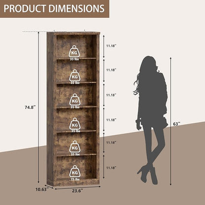 Thacuok 75" Tall Bookshelf Set of 2, 6 Tier Bookshelf with Adjustable Shelves, Bookcase with Anti-Tipping Device, Floor Standing Modern Display Rack,Book Shelf for Living Room, Bedroom, Office, Brown