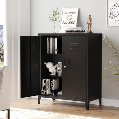 Metal Storage Cabinet with Lock, Locking Cabinets with 2 Doors and Shelves, Lockable Steel Locker Cupboard, Small Sideboard Buffet Cabinet for Home Office