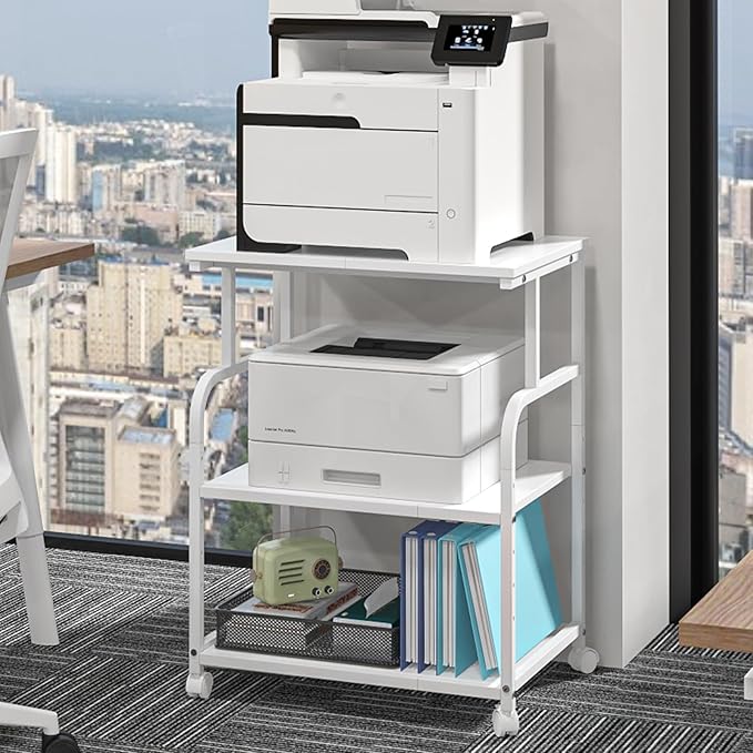 3-Tier Large Printer Stand with Storage, Rolling Printer Cart with Lockable Wheels for Home, Office (White)