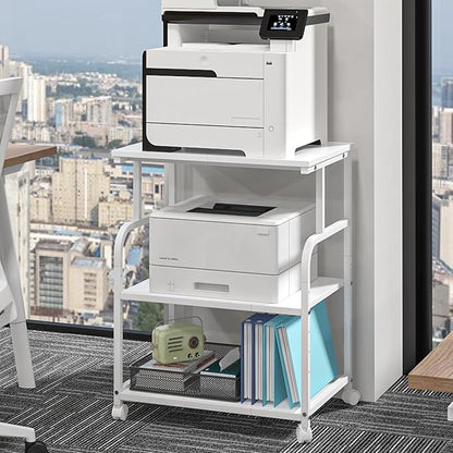 3-Tier Large Printer Stand with Storage, Rolling Printer Cart with Lockable Wheels for Home, Office (White)