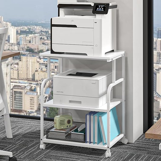 3-Tier Large Printer Stand with Storage, Rolling Printer Cart with Lockable Wheels for Home, Office (White)