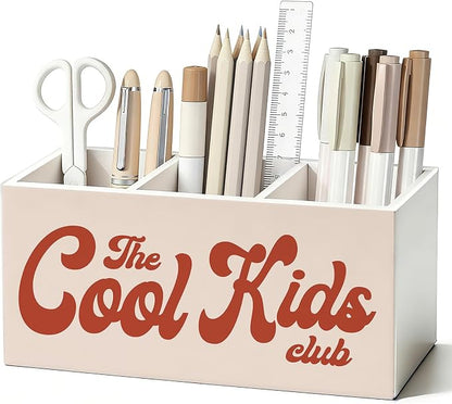Kids Room Decor Pen Pencil Holder for Desk, The Cool Kids Club Wooden Box Sign Decorations for Boys Girls Room Bedroom Playroom Classroom Desk Tabletop