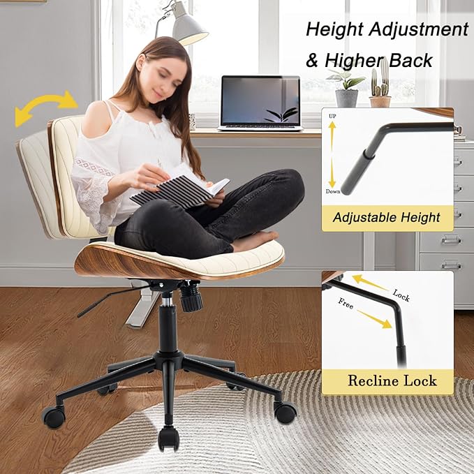 Home Office Desk Chair with Wheels, Modern PU Leather Swivel Computer Chair, Armless Upholstered Cirss Cross Vanity Chair for Home Office, Reading, Meeting, Beige