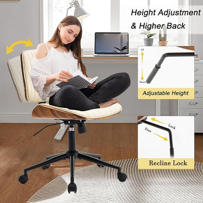 Home Office Desk Chair with Wheels, Modern PU Leather Swivel Computer Chair, Armless Upholstered Cirss Cross Vanity Chair for Home Office, Reading, Meeting, Beige