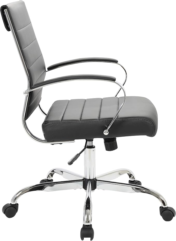 LeisureMod Benmar Leather Office Desk Chair, Mid-Back Ergonomic Swivel Chair with Lumbar Support, Adjustable Height, Tilt Lock, Cushioned Seat & Back, Home Office Task Chair (Black, Single)