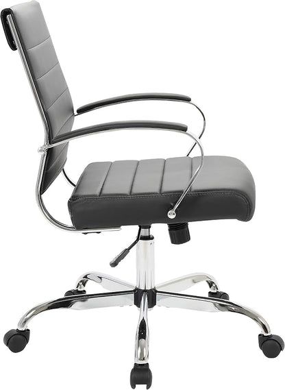 LeisureMod Benmar Leather Office Desk Chair, Mid-Back Ergonomic Swivel Chair with Lumbar Support, Adjustable Height, Tilt Lock, Cushioned Seat & Back, Home Office Task Chair (Black, Set of 2)