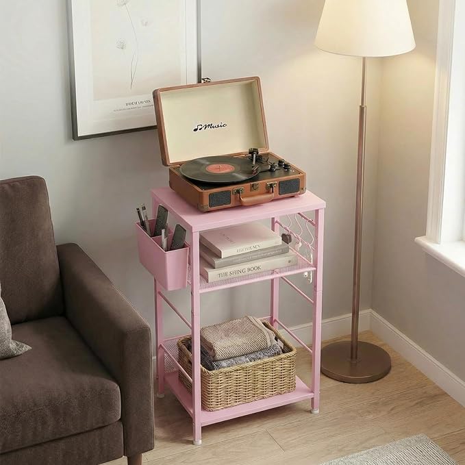 ECOLOVI 3 Tier Printer Stand for Under Desk, Height Adjustable Shelf Small Printer Table with 3 S-Hooks & Basket, Heavy Duty Industrial Storage Shelf for Home Office (Pink Wood)