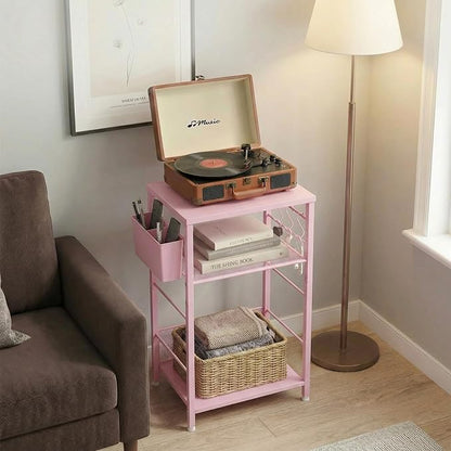 ECOLOVI 3 Tier Printer Stand for Under Desk, Height Adjustable Shelf Small Printer Table with 3 S-Hooks & Basket, Heavy Duty Industrial Storage Shelf for Home Office (Pink Wood)