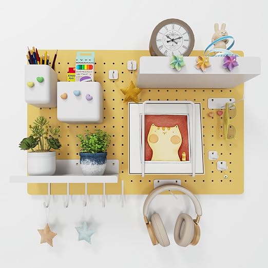 Metal Pegboard Kit — Carbon Steel Pegboards with 26 Accessories, Pegboard Wall Organizer for Home, Office, Study Room, Kitchen, Craft Room & Gaming Setup — 24″ × 16″ Yellow Peg Board