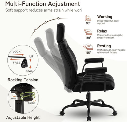 Furniliving Leather Office Chair with Adjustable Headrest, Mid-Century Modern High-Back Office Desk Chair, Ergonomic Computer Chair with Wheels, Armrests, Lumbar Support, Black