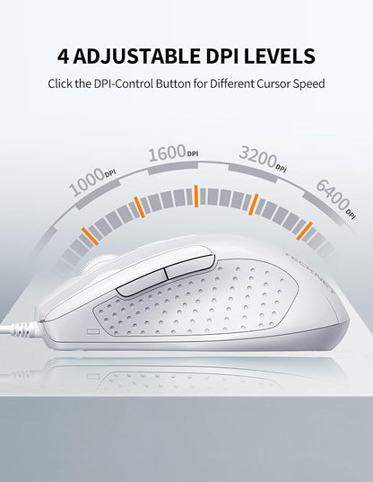 TECKNET USB Wired Mouse, 6-Button Corded Mouse with 4 Adjustable DPI, Optical Computer Mouse with Ergonomic Design and 5FT Cord for Laptop, Chromebook, PC, Desktop, Mac, Notebook-LT.White